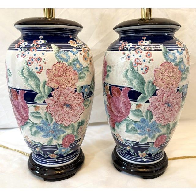 Late 20th Century Vintage Ceramic Vase Lamps With Elegant Floral Design on Wood Plinths- A Pair For Sale - Image 5 of 12