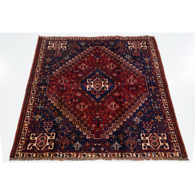4 X 5 Blue and Red Designed Shiraz Vintage Persian Wool Rug For Sale - Image 9 of 10