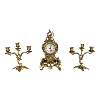Vintage Rococo Ornate Brass Mantel Clock & 2 Candelabra Set, Set of 3 For Sale