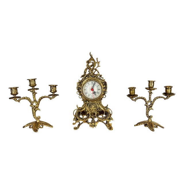 Vintage Rococo Ornate Brass Mantel Clock & 2 Candelabra Set, Set of 3 For Sale