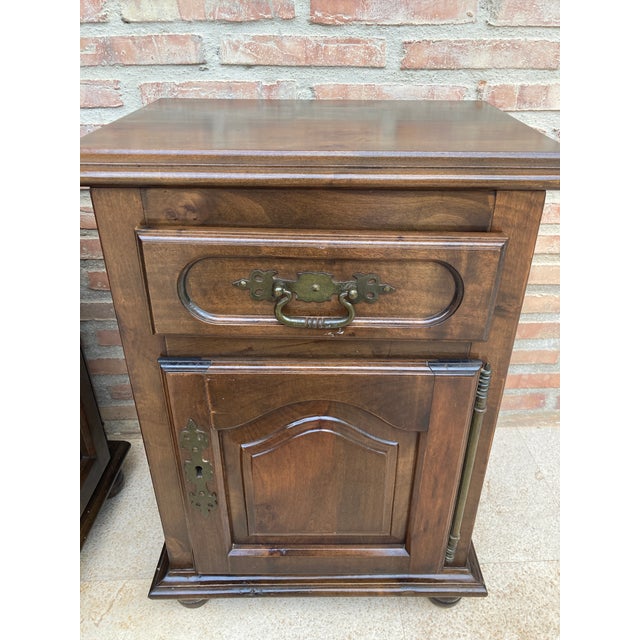 Brown Pair of Spanish Wooden Bedside Cabinets With Drawer and Door, Mid 20th Century For Sale - Image 8 of 9