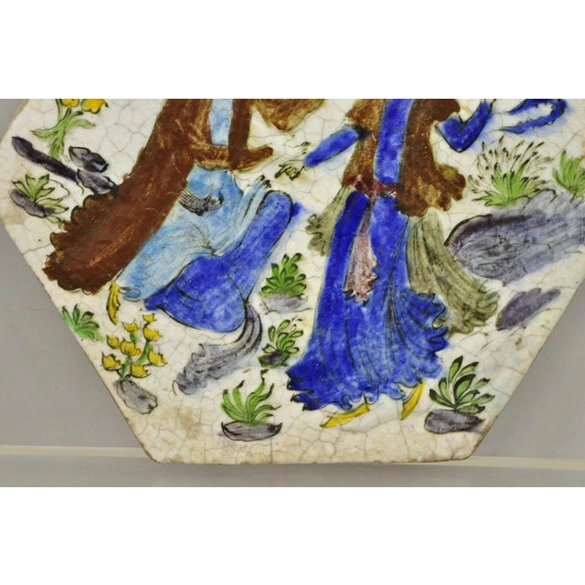 Early 20th Century Antique Persian Iznik Qajar Style Ceramic Pottery Tile Hexagonal Blue Couple C5 For Sale - Image 5 of 11