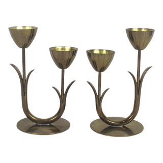 1950’s Pair of Brass Candleholders Gunnar Ander Ystad Metall Made in Sweden Tulip Cups, Marked For Sale