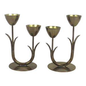 1950’s Pair of Brass Candleholders Gunnar Ander Ystad Metall Made in Sweden Tulip Cups, Marked