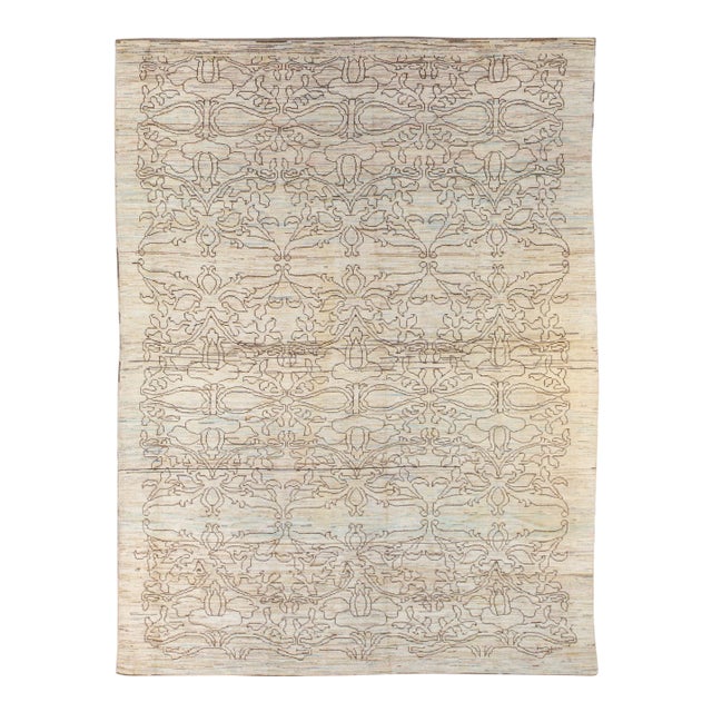 Modern Oushak Handmade Tribal Beige Wool Rug For Sale