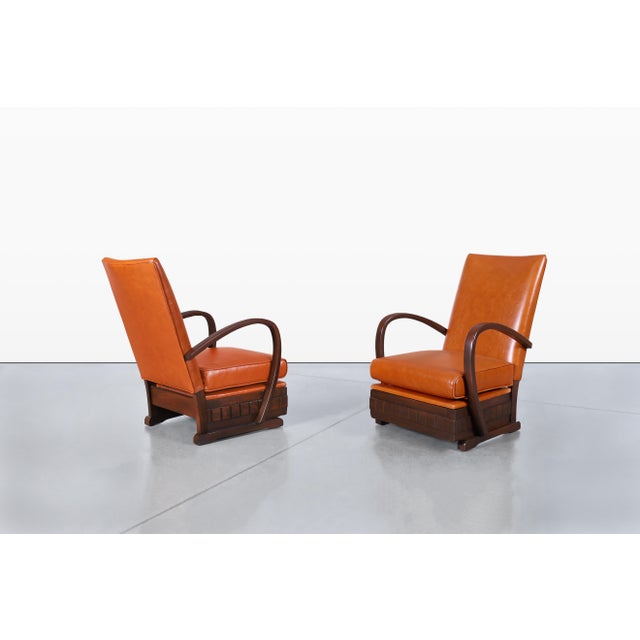 1940s Vintage French Art Deco Leather and Walnut Lounge Chairs, 1940s For Sale - Image 5 of 14