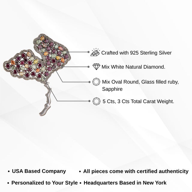Tutti Frutti 8Ct Multi Gem & Diamond Ginkgo Leaf Brooch Pendant in Oxidized Sterling Silver For Sale - Image 12 of 14