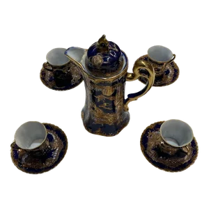Late 20th Century Nippon Handpainted Blue Gold Pot Set With 4 Cups- 9 Pieces