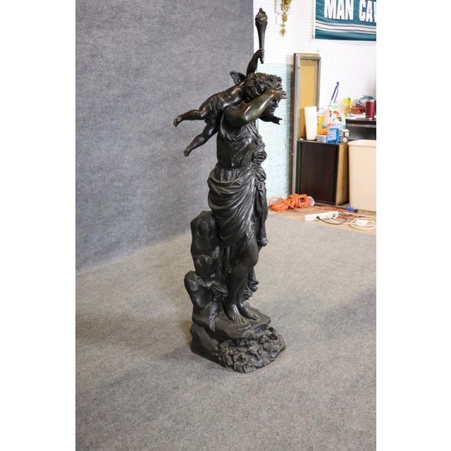 Metal Signed Max Bourgeois Standing Bronze Figure of Maiden With Putti Holding Torch For Sale - Image 7 of 10