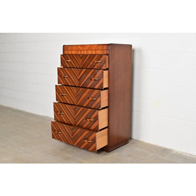 Donald Deskey Style Antique Art Deco Inlaid Walnut Waterfall Highboy Dresser or Chest of Drawers, Circa 1930s For Sale In South Bend - Image 6 of 12