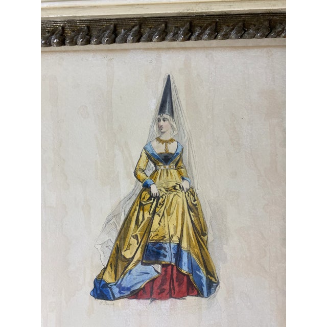 Yellow Antique French Fashion Engraving "Modes De Paris" of Woman in 1450's Dress For Sale - Image 8 of 12