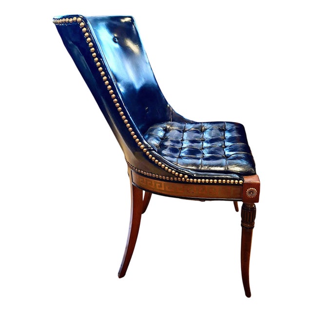 Neoclassical-Style Tufted Leather Side Chair With Greek Key Trim For Sale