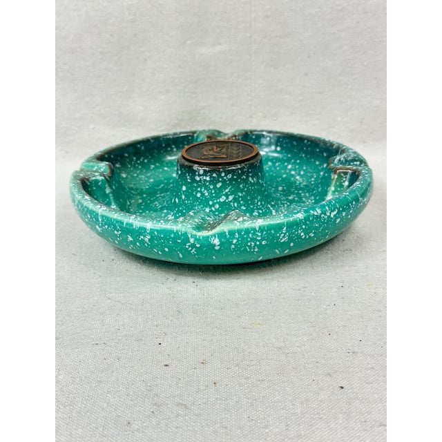 Vintage Roseville pottery Hyde park ashtray, model 1900, sage green with white drip glaze with a distinctive zodiac sign...