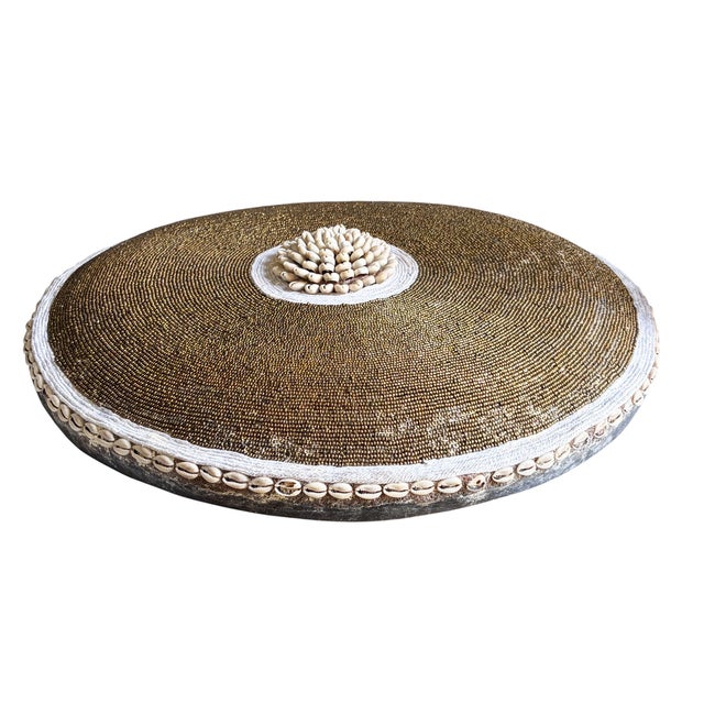 Vintage African Bamileke Tribe Beaded & Shell Round Wooden Shield 20.5" D For Sale In New York - Image 6 of 8
