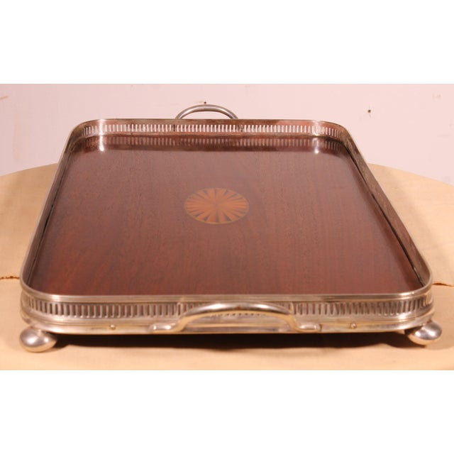 19th Century Silver-Plated Metal and Mahogany Tray For Sale - Image 6 of 10