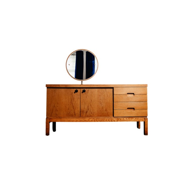 Vintage Oak Sideboard with Circular Mirror, 1960s For Sale - Image 3 of 12
