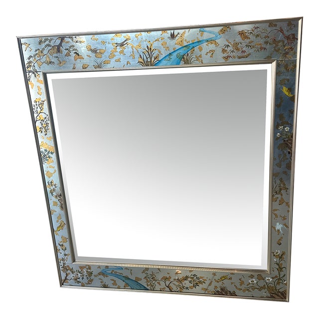 LaBarge Chinoiserie Silver Leaf Painted Bird Floral Butterfly Wall Mirror For Sale