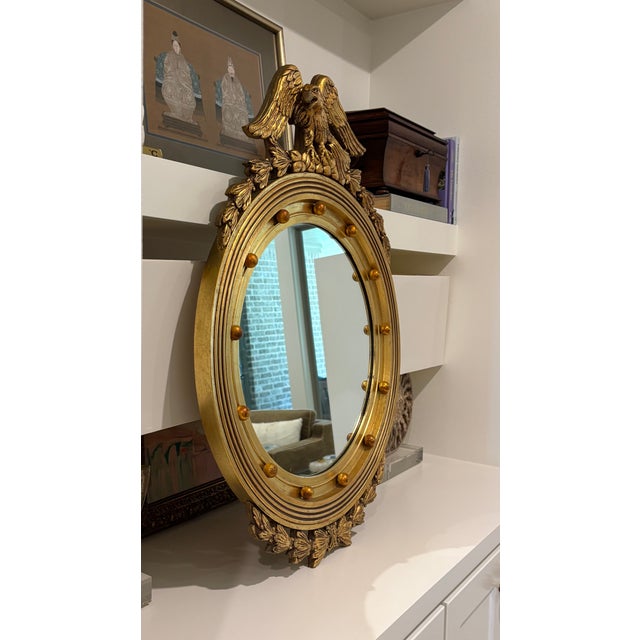 Vintage Large Scale American Federal Revival Giltwood Eagle Crest Round Mirror For Sale - Image 4 of 17