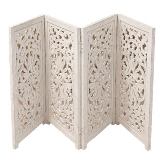Vintage Hand-Carved Solid Wood Folding Screen For Sale