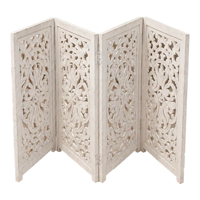 Vintage Hand-Carved Solid Wood Folding Screen For Sale