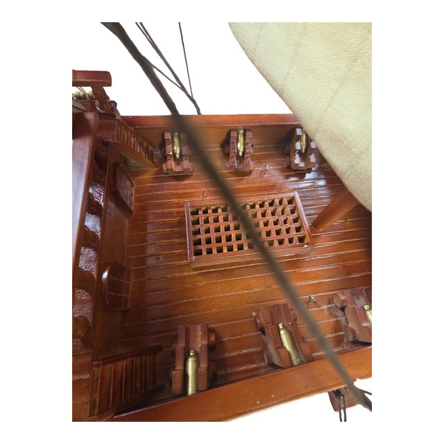 Large Handcrafted Wooden Three-Masted Sailing Ship Model With Cloth Sails For Sale - Image 10 of 12