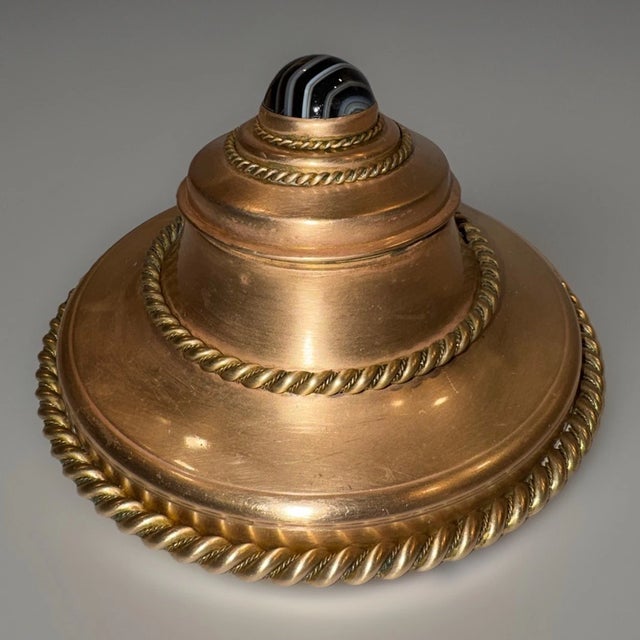 Metal 19th Century French Brass & Bronze Art Nouveau Inkwell With Art Glass Marble Top For Sale - Image 7 of 11