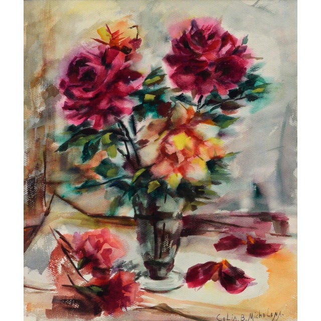 Vibrant mid-century watercolor still-life of bright pink roses with petals falling on the table by Celia B. Michelena...