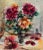 Vibrant mid-century watercolor still-life of bright pink roses with petals falling on the table by Celia B. Michelena...