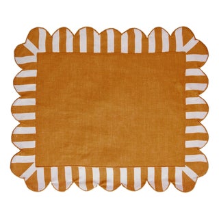 Misette Jardin Embroidered Single-Sided Linen Scalloped Stripe Placemats in Amber, Set of 4 For Sale
