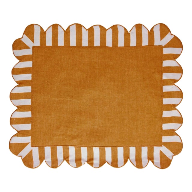 Misette Jardin Embroidered Single-Sided Linen Scalloped Stripe Placemats in Amber, Set of 4 For Sale