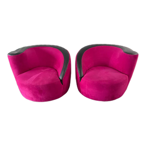 Pair of 1980s Swivel Magenta and Black Kagan Style Nautilus Chairs by Lazar Clean Fabric