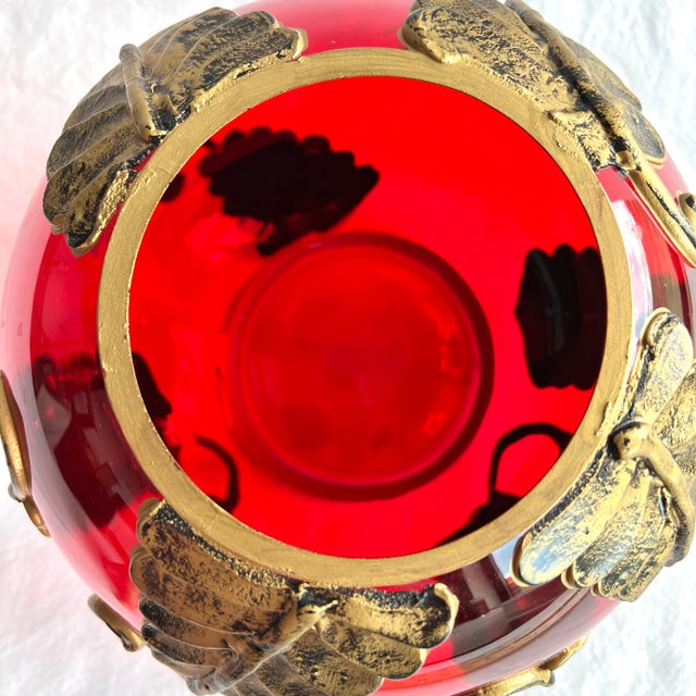 1970s Fifth Ave Crystal Ltd. Red Tealight Candle Potpourri Bowl Vase With Gold Leaves For Sale In Nashville - Image 6 of 12
