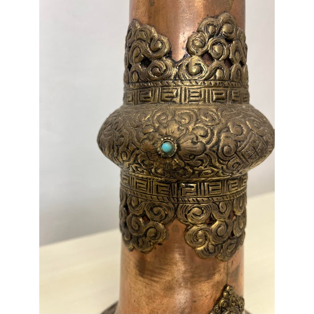 Tibetan Telescoping Long Horn Brass Copper Gems For Sale - Image 4 of 10