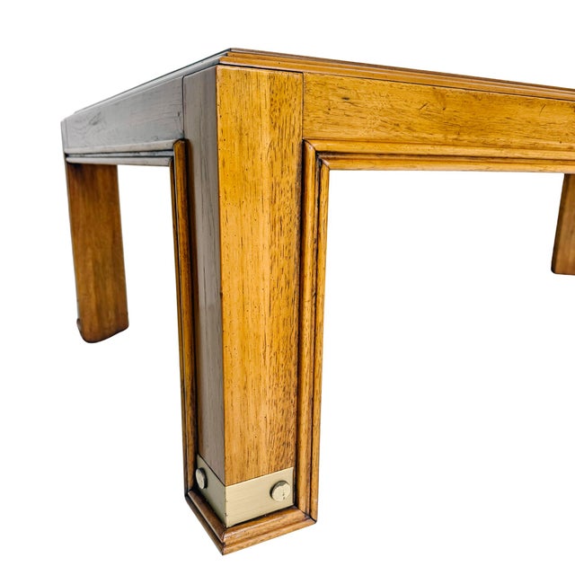 Vintage Drexel Heritage Mid-Century Modern Oak Coffee Table With Brass Inlay & Beveled Glass For Sale In San Diego - Image 6 of 9
