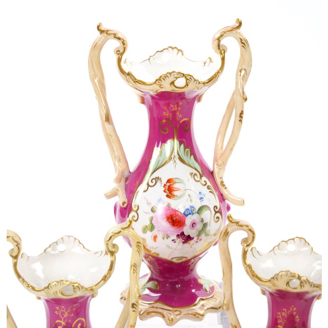 Ceramic Antique English Porcelain Gilt & Painted Three-Piece Urn / Vase Garniture Set For Sale - Image 7 of 10