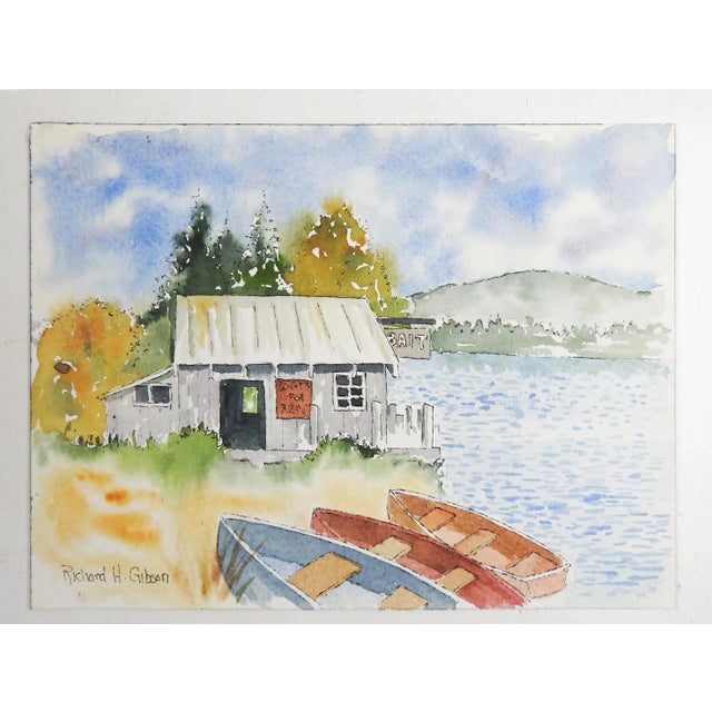 Rustic Small Vintage Lakeside Bait Shop & Boats Watercolor Painting For Sale - Image 3 of 3