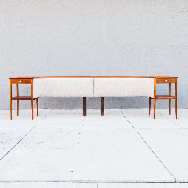 Mid-Century Modern Restored 1960s Sapele Mahogany Upholstered King Headboard With Built-in Nightstands For Sale - Image 3 of 18