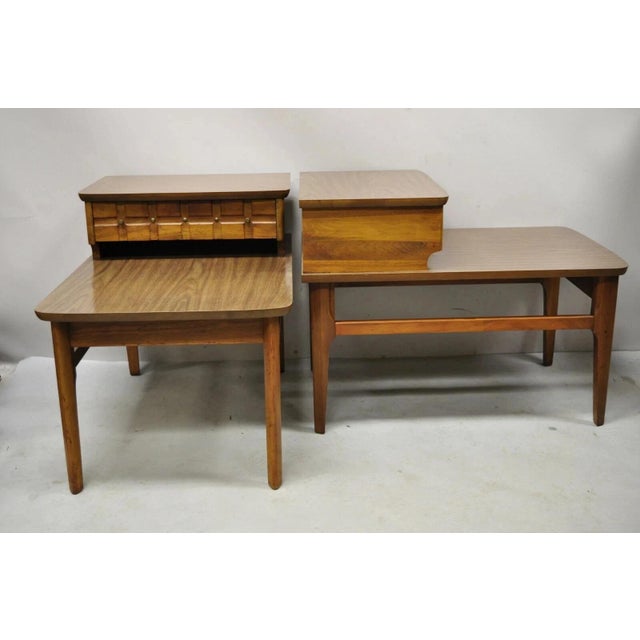 Wood Mersman Mid Century Modern Walnut and Laminate Step Up Side End Tables - A Pair For Sale - Image 7 of 12
