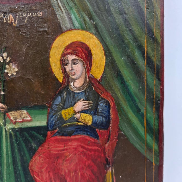 Wood 19th Century Greek Orthodox Annunciation Archangel Gabriel and Virgin Mary Icon Painting on Wood Block For Sale - Image 7 of 10