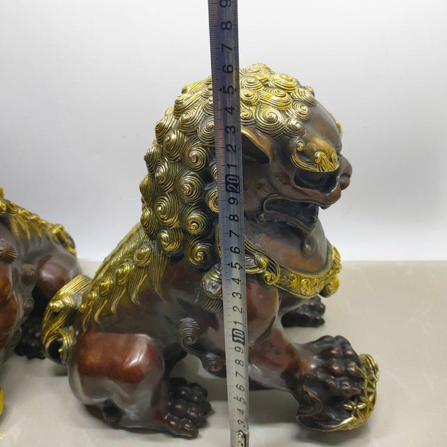 Bronze Pair of Vintage Chinese Gilt Bronze Guardian Lions (Foo Dogs) on Embroidered Balls For Sale - Image 8 of 9