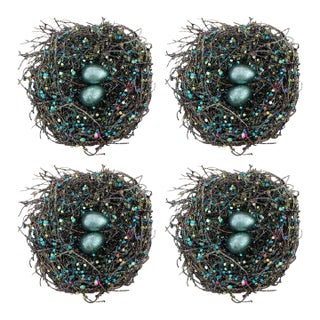Vintage Glittery Bird Nest Christmas Ornaments - Set of 4 For Sale