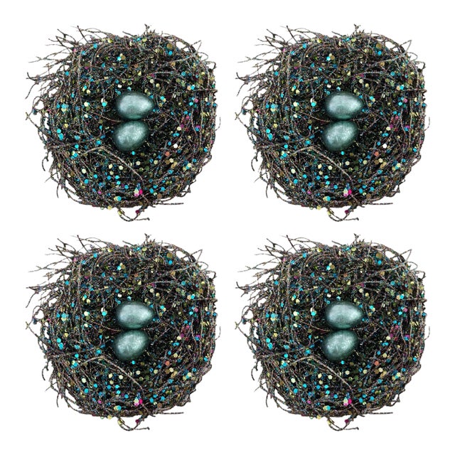 Vintage Glittery Bird Nest Christmas Ornaments - Set of 4 For Sale