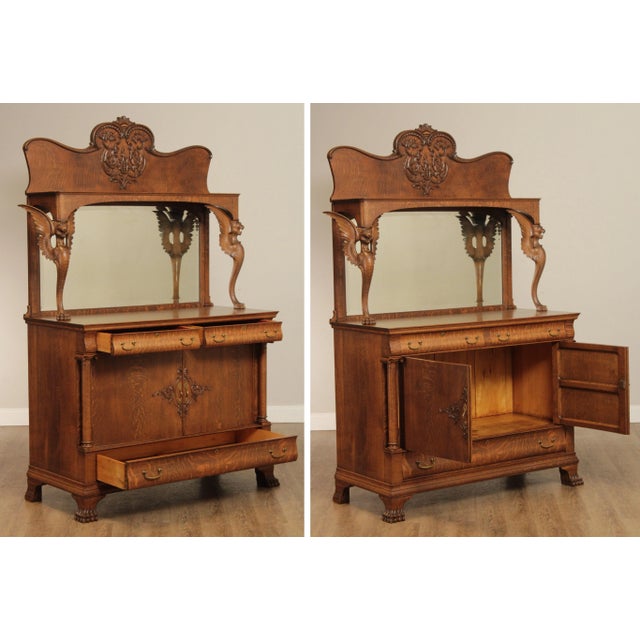 Victorian Antique Victorian Winged Griffin Carved Oak Sideboard Buffet For Sale - Image 3 of 13
