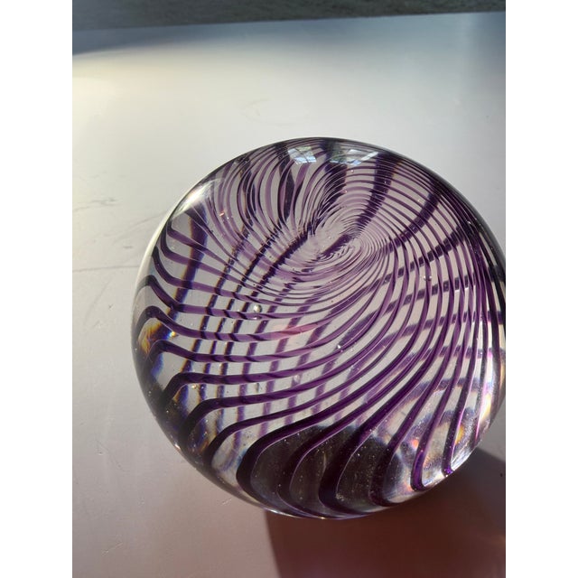 Pop Art Vintage Hand-Blown Purple Ribbon Swirl Studio Art Glass Paperweight - 4" For Sale - Image 3 of 10