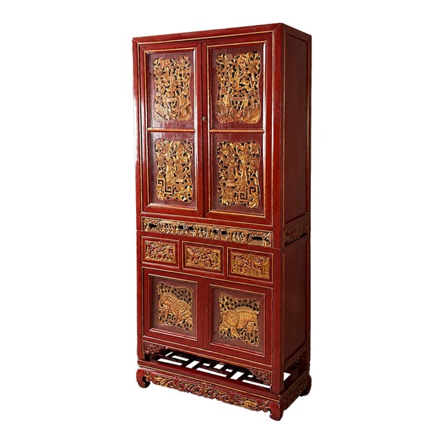 Chinese Red and Gilt Carved Three-Piece Cabinet, Likely Early-20th Century For Sale