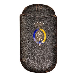 Austrian Antique Victorian Leather Cigar Case Silver Enamel Armorial Tobacciana For Sale