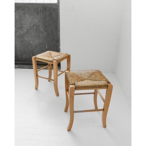 Vintage Wooden Stools with Handwoven Straw Seats and Curved Legs, 1980s, Set of 2 For Sale - Image 4 of 11