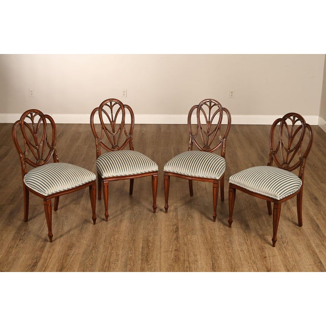 High Quality Vintage Set of Four Carved Mahogany Shield-Back Side Chairs with Upholstered Seats