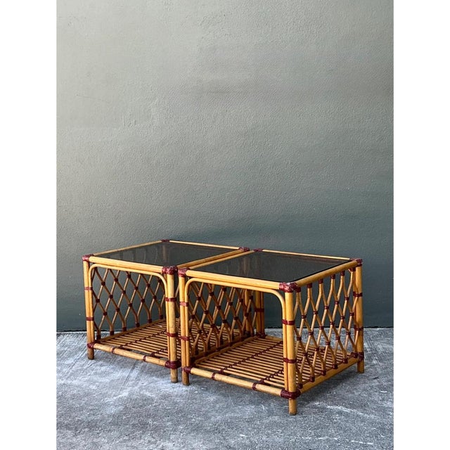Wood Vintage Trellis Rattan and Glass Side Tables - Pair For Sale - Image 7 of 12