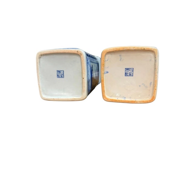 Mid-Century Modern Chinoiserie Qianlong Style Blue and White Porcelain Vases- A Pair For Sale - Image 3 of 12